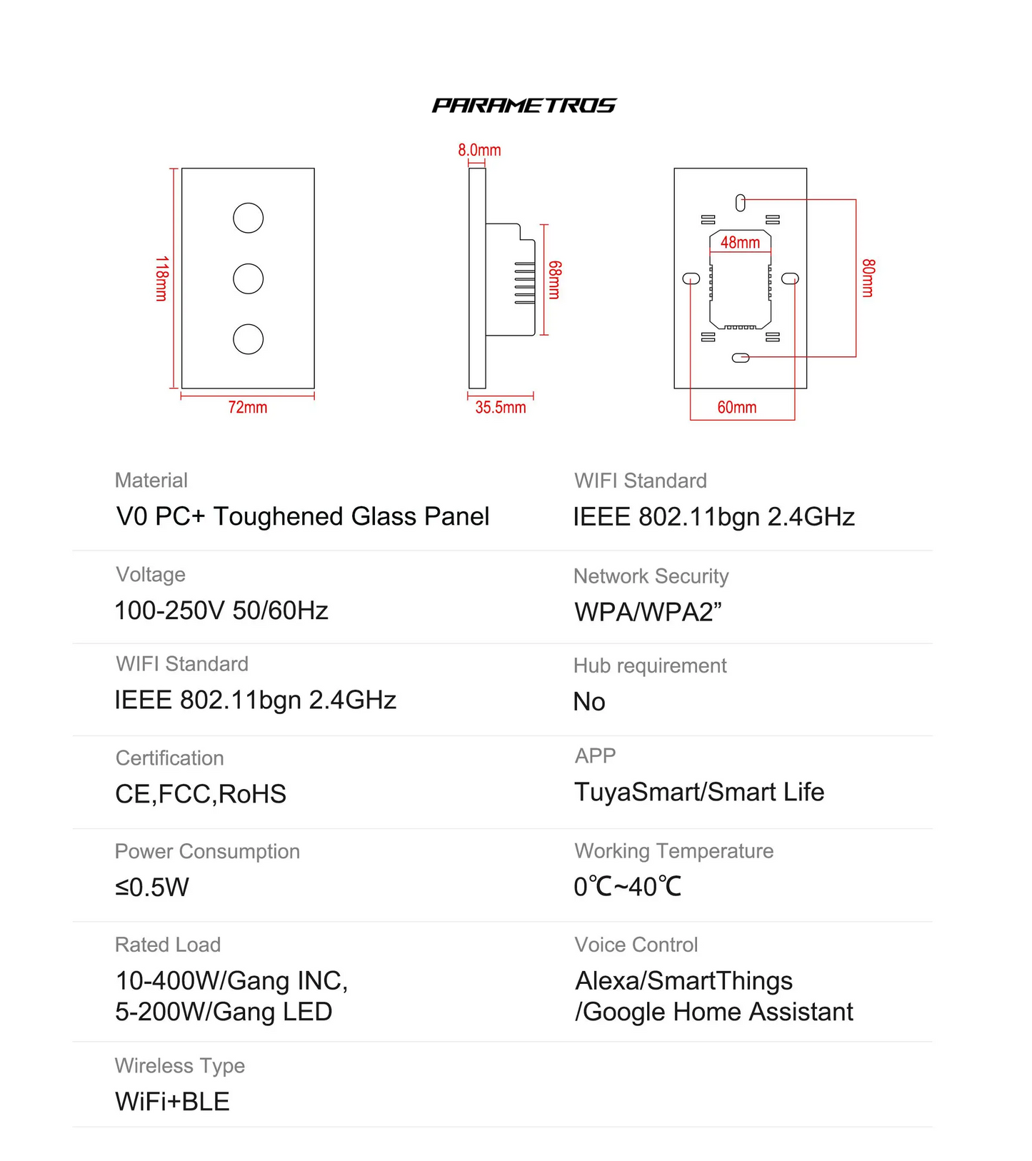 Interruptor tactil 3 botones WIFI Tuya Smart BLANCO